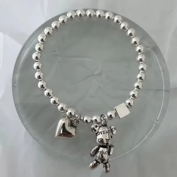 Silver Beaded Charm Bracelet with Teddy and Heart Charms - Picture 2 of 5